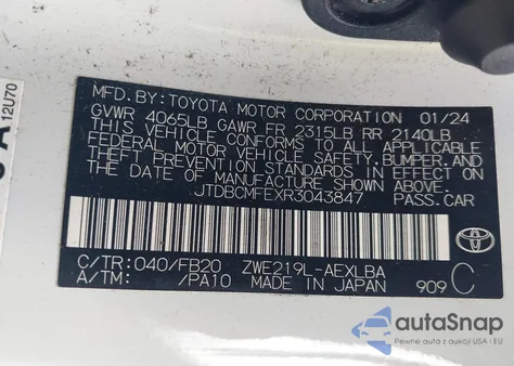 2024 Toyota Corolla Hybrid Le из США, поврежденный, VIN JTDBCMFEXR3043847